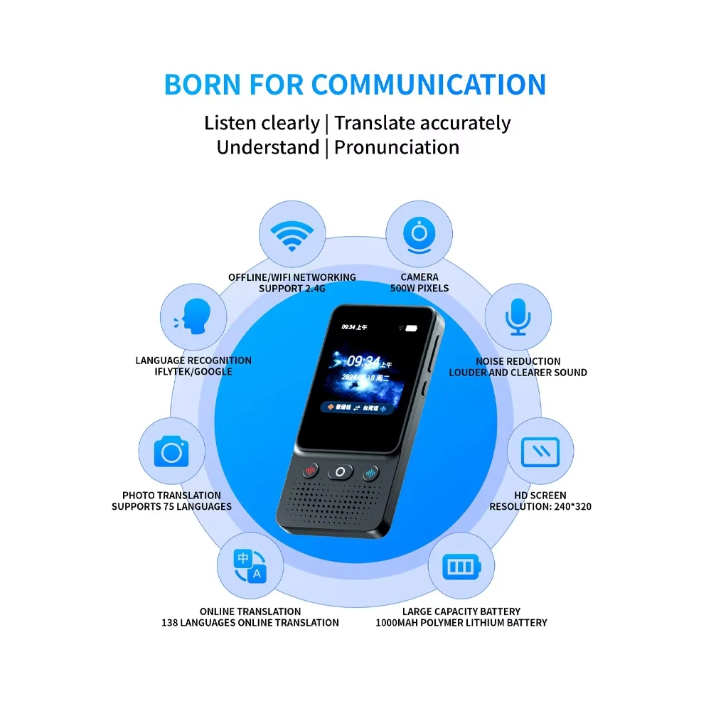 T16 AI Voice Real Time Translator 138 Multi Online Languages Voice-Record 3.1 Inch Big Touch Screen Learning Conversion T12