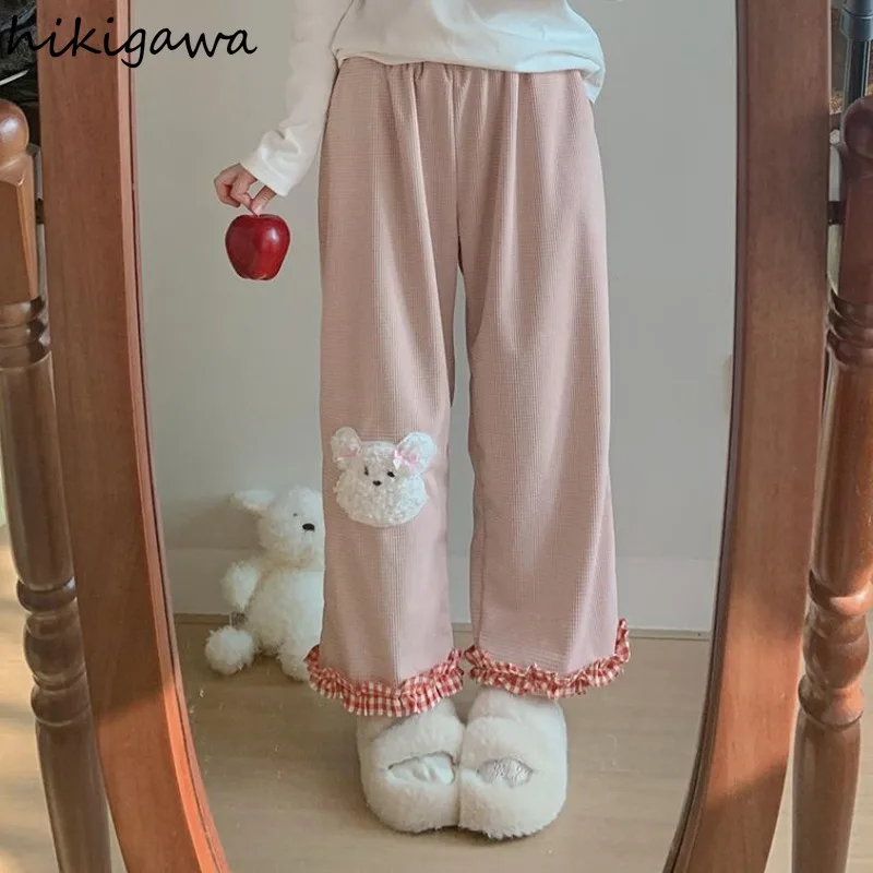 2024 New Bottoms Sweet Wide Leg Pants for Women Japanese Vintage Pantalon Femme Thicked Corduroy Embroidery Bear Cute Trousers