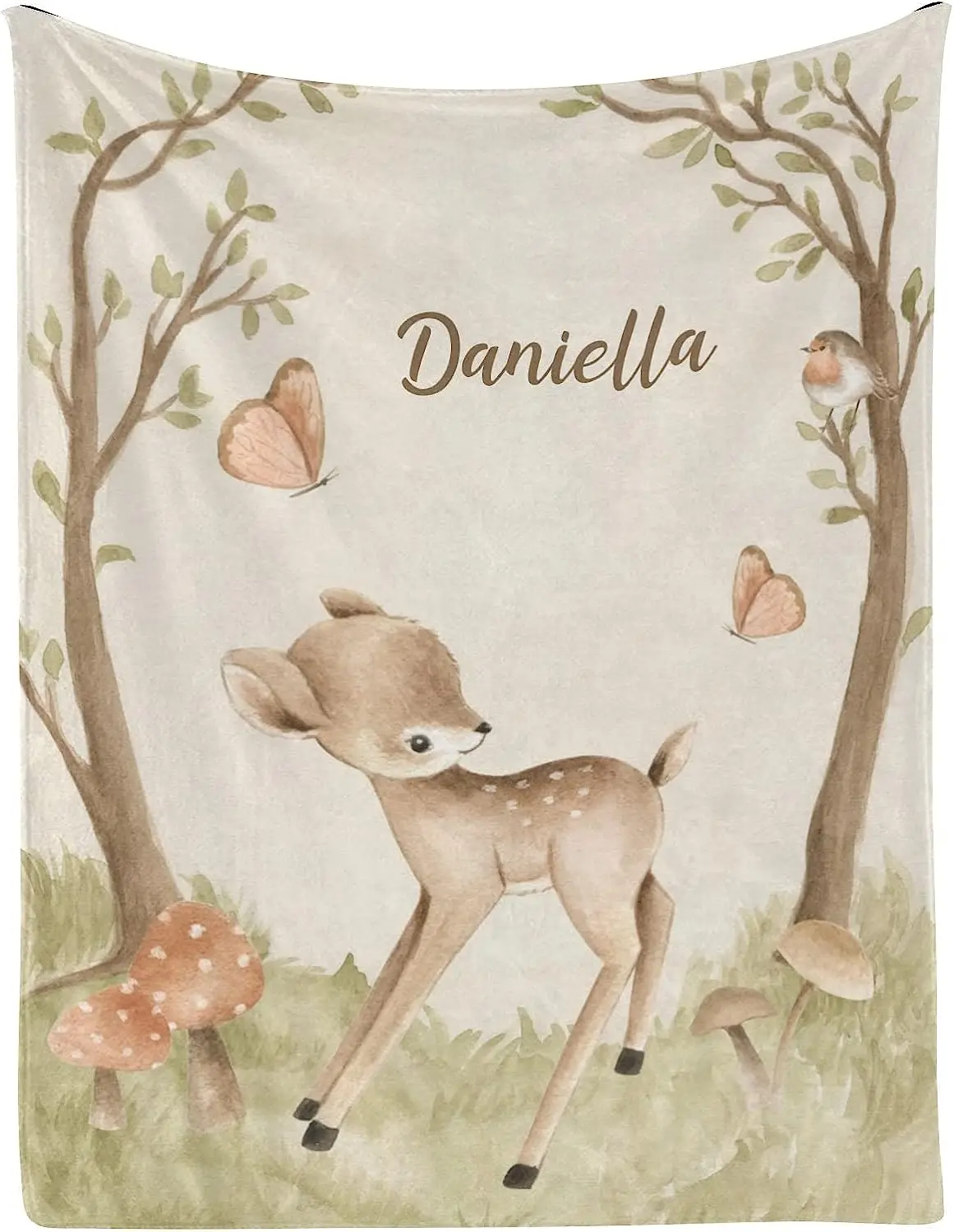 Woodland Animals Forest Deer Personalized Kid Baby Blanket Customized 30 x 40 Inch Throw with Name Text for Girl Boy