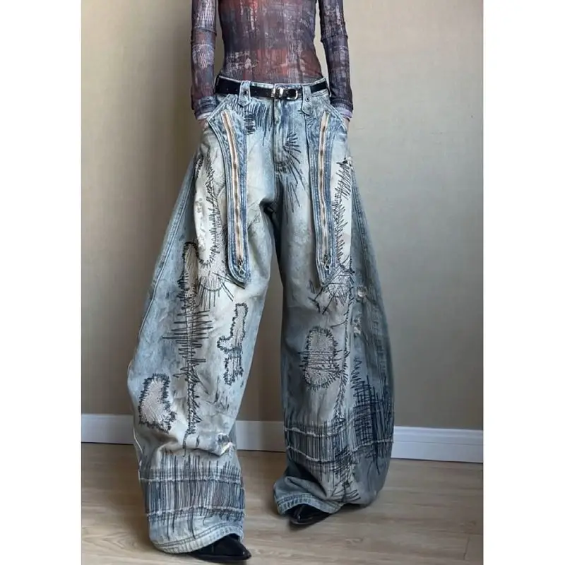 Amerikaanse retro gewassen denim jeans met noodlijdend en bedrukt ontwerp, losse en wijde pijpen streetwear broek voor dames