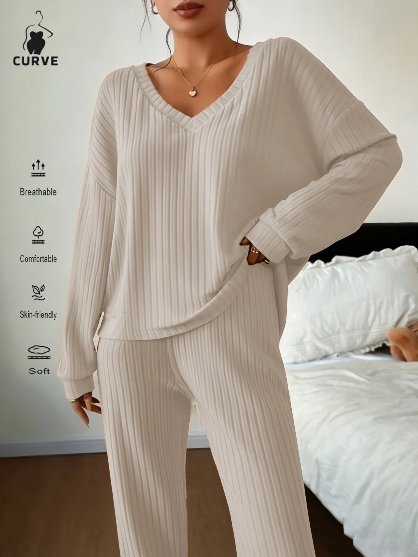 

2-piece women's set in solid color, fashionable casual long-sleeve top and long pants suit, lightweight and breathable women's s