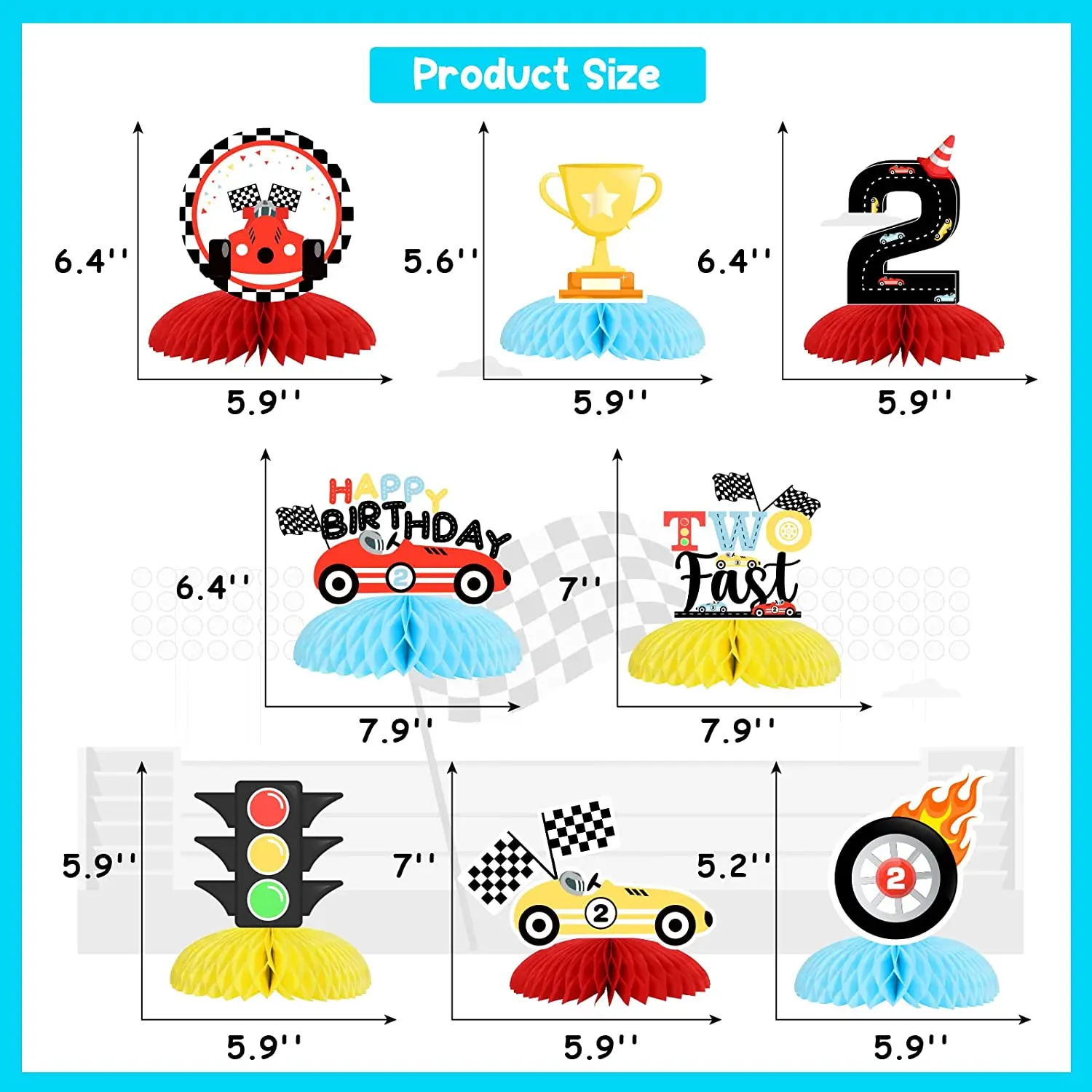 Fangleland 8Pcs Two Fast Honeycomb Centerpieces Retro Race Car Theme 2nd Birthday Party 3D Table Decoration for Two Year Old Boy