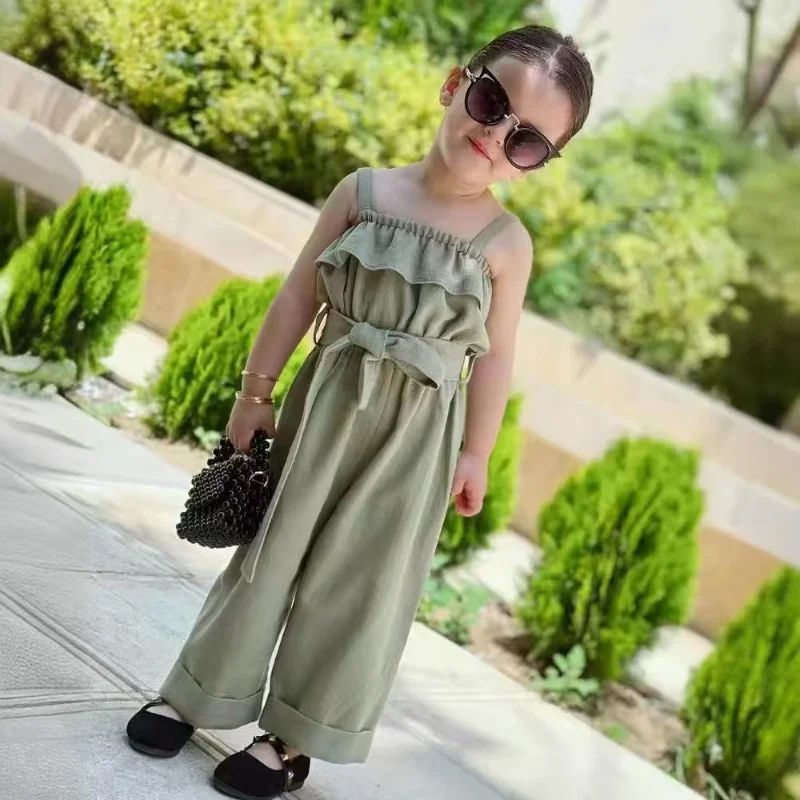 

Girls Jumpsuit Children's Summer New Cotton and Linen Solid Color Sleeveless Lace up Waistband Jumpsuit WLeg Pants 2-7Y