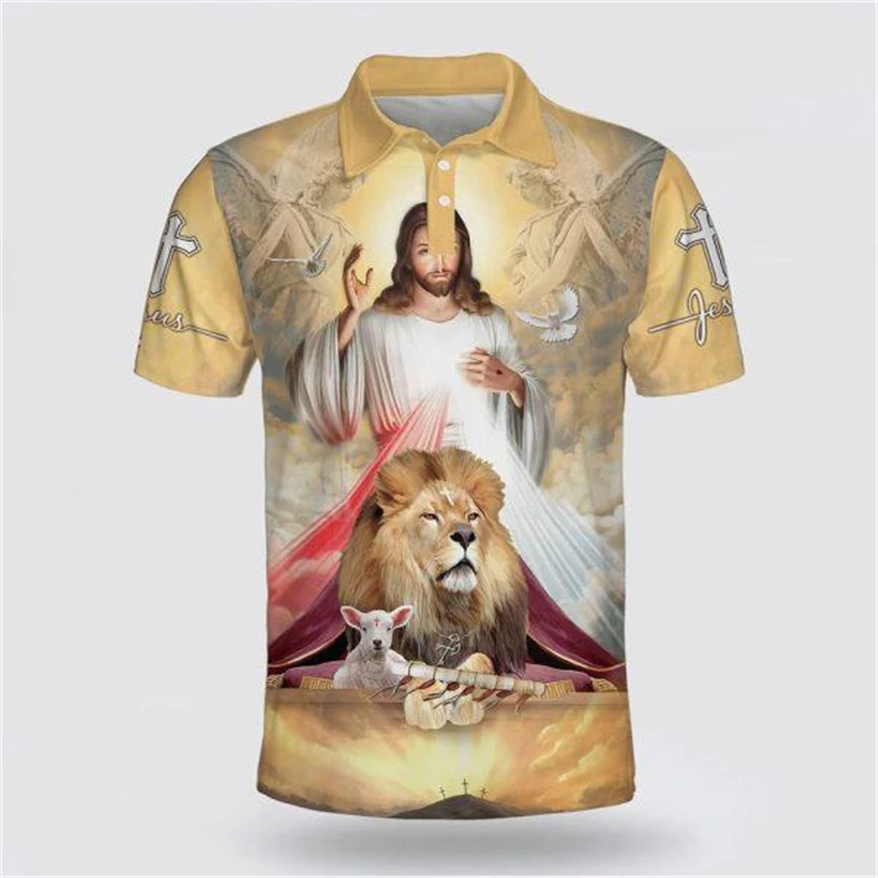 Cross T Shirts Men Religion Jesus 3D Printed Polo Shirt Vintage Short Sleeve Lapel Tee Shirt Summer Man Streetwear Oversized Top