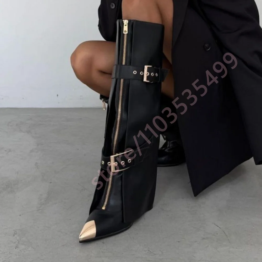 Bottes élégantes à hauteur de genou avec boucle de ceinture pointue en métal pour femmes, bottes de pantalon Stiletto avec fermeture éclair, mode Catwalk, automne 2025