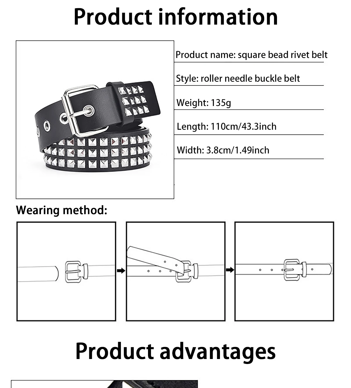 Mode Neue Quadratische Perle Niet Gürtel Metall Pyramide Gürtel Männer und Frauen Punk Hardware Jeans Gürtel Y2K Gürtel Designer Gürtel frauen Gürtel – Detail 1