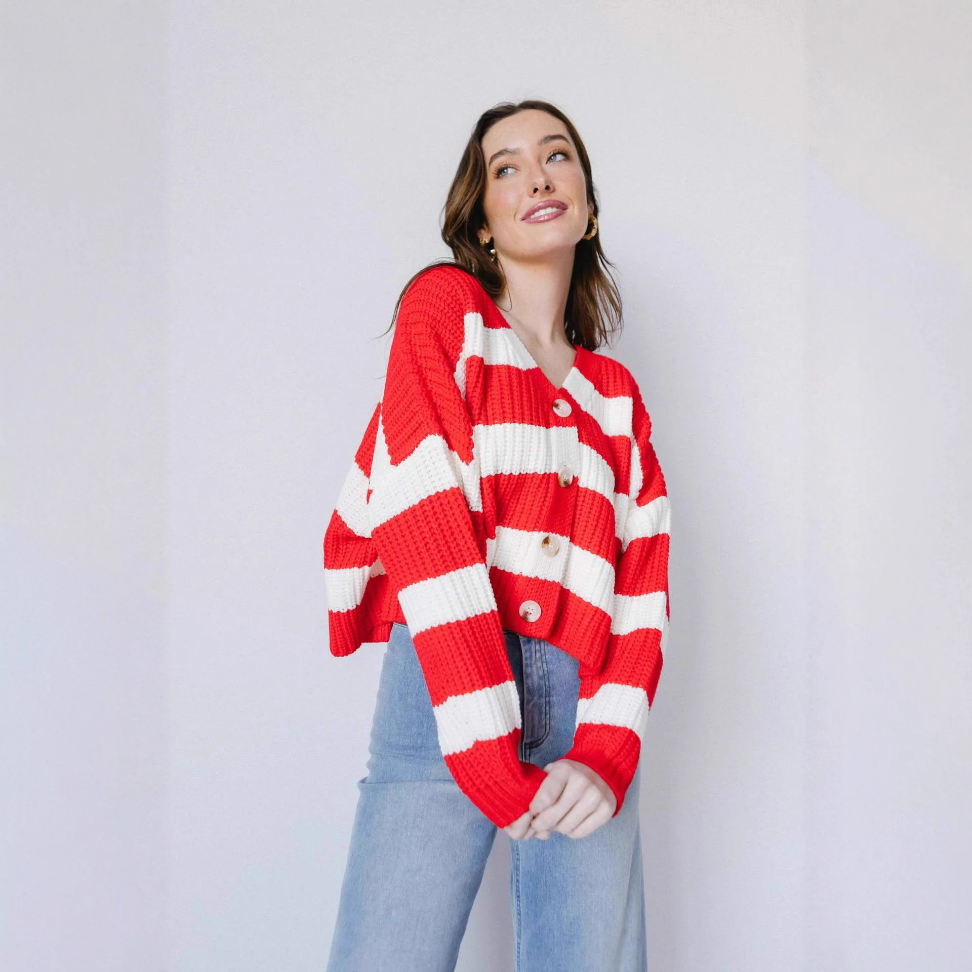 New Autumn and Winter Women's Casual Striped Long-sleeved V-neck Loose Knitted Cardigan Sweater for Women