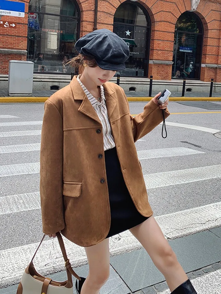 Vintage Women Faux Suede Leather Blazer Mid Long Single Breasted Office Ladies Work Casual Suit Coat Spring New Straight Jacket