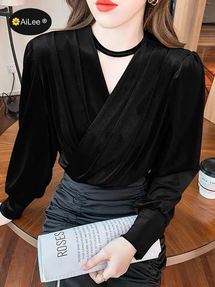 Women Winter Golden Velvet Warm Tops Pullovers Blouse V Neck Wine Red Long Sleeve Korean Fashion Blouse Shirts For Office Work