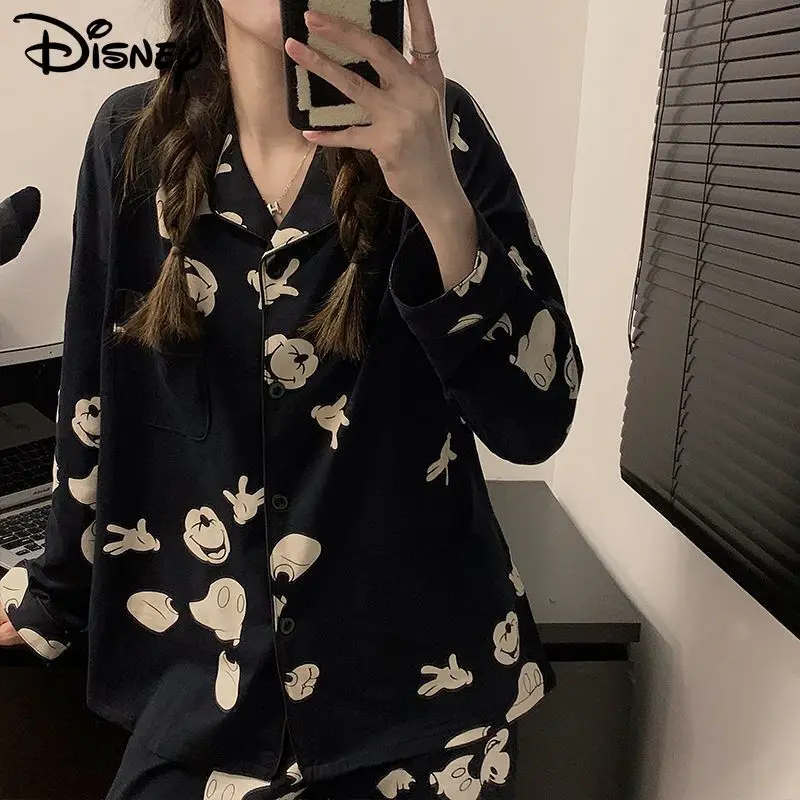 Disney Black Mickey Women\'s Spring Autumn Sleepwear Japanese Style Cartoon Cardigan Pajamas Y2k Girl Trendy Casual Home Suit Set