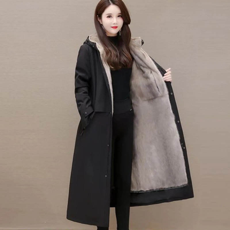 

2023 Winter New Women Mink Velvet Removable Liner Hooded Parkas Large Size Long Below The Knee Thicken Warm Fur Coat Mom Outfit