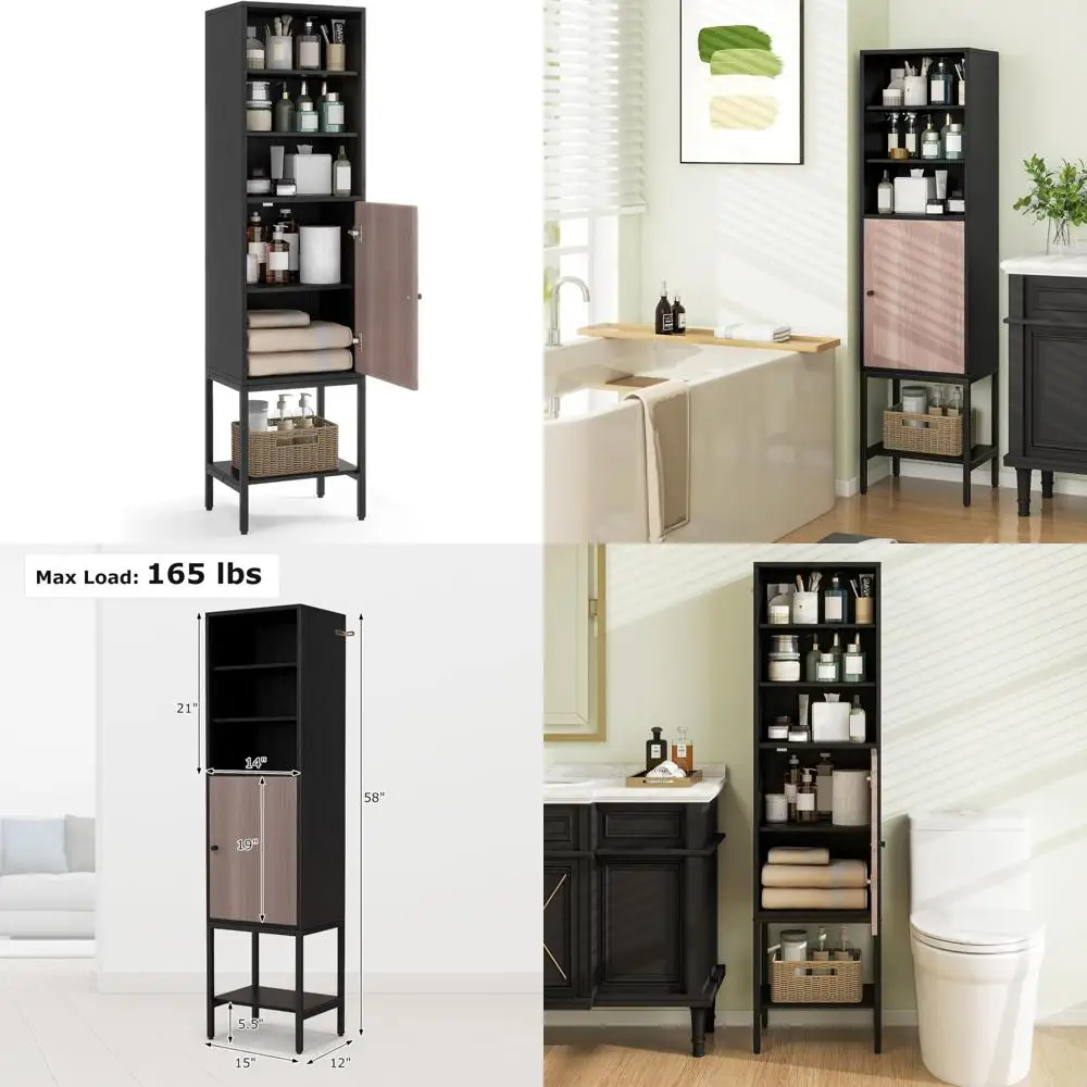 

elegant tall bathroom storage cabinet with 1 door and 4 adjustable shelves, 57" high slim design