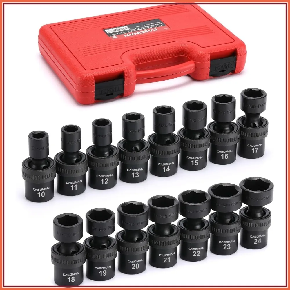 

15 Pcs 1/2" Drive Impact Socket Set, 6 Point, Metric, 10-24mm, Universal Joint
