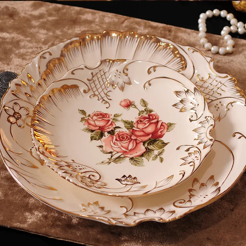 European-Style Ceramic Tableware Gold-Plated Rose Ceramic Gold Plate Dishes Dim Sum Plate Fruit Plate Dish Dim Sum Dish