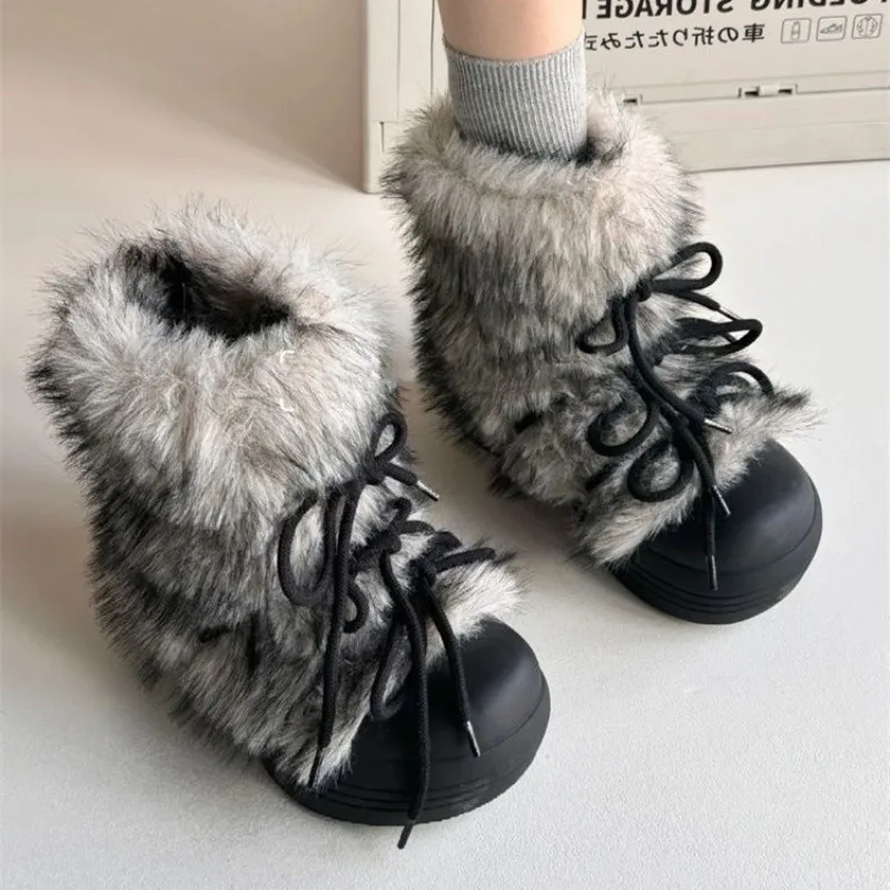 Bow Platform Women Snow Ankle Boots Fur Designer Fashion Short Plush Flats Cotton Shoes 2025 Trend Warm Cozy Winter Botas Mujer