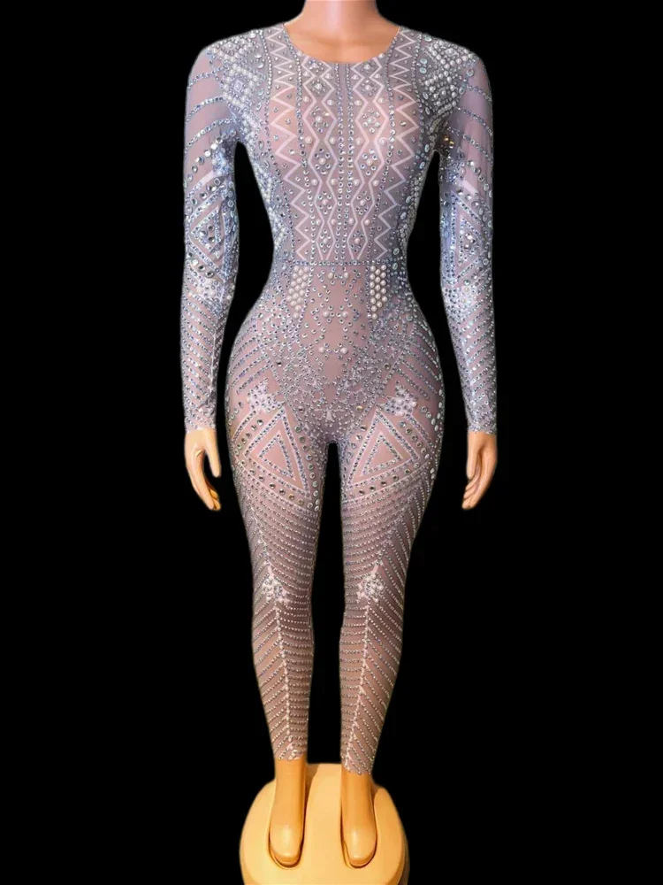 Nude Shining Rhinestones ไข่มุกเซ็กซี่แขนยาว Jumpsuits สําหรับผู้หญิงไนท์คลับเสื้อผ้านักร้องเครื่องแต่งกาย DJ Wear