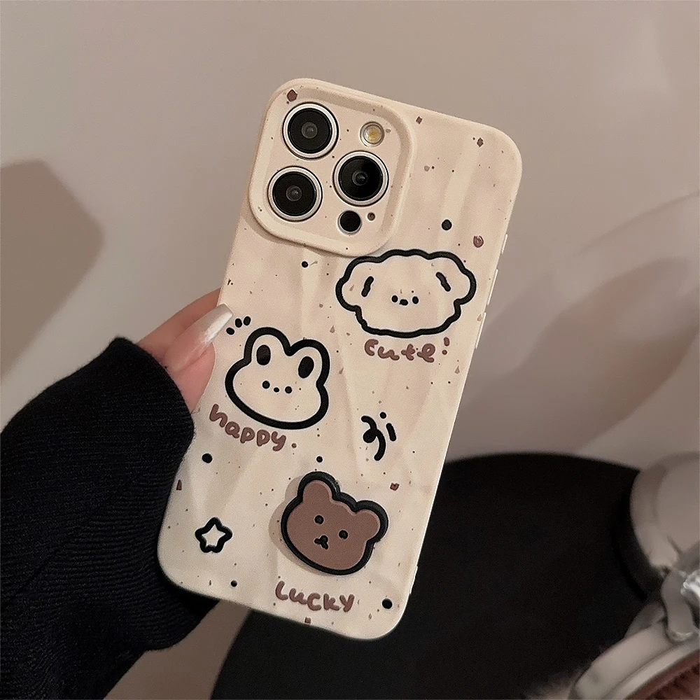 INS Cute Splash-ink Animals Rabbit Dog 3D Brown Bear Case for iPhone 15 14 13 Pro Max 12 Pro Plus 11 8 7 XR Wrinkle Cover