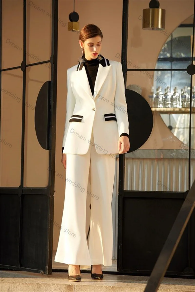 

Formal White Women Suits Pants Set 2 Piece Blazer+Trousers With Black Strap Wedding Tuxedo Office Lady Custom Made Autumn Jacket