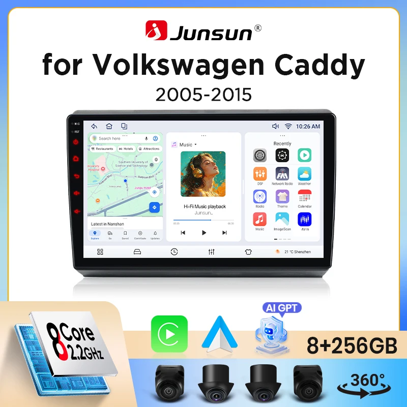 Junsun Wireless CarPlay Android Auto Autoradio für Volkswagen (VW) Caddy Mk3 (2K) 2004-2015 mit eingebautem Lüfter, Android GPS Navigation, Multimedia-Player, WiFi, DSP, RDS, BT, SWC, IPS Touchscreen,