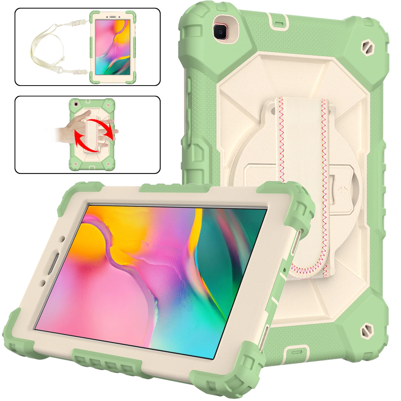 

Rotatable Heavy Duty Case For Samsung Galaxy Tab A 8.0 2019 SM-T290 SM-T295 3-Layers Armor Stand Cover With Hand Shoulder Strap