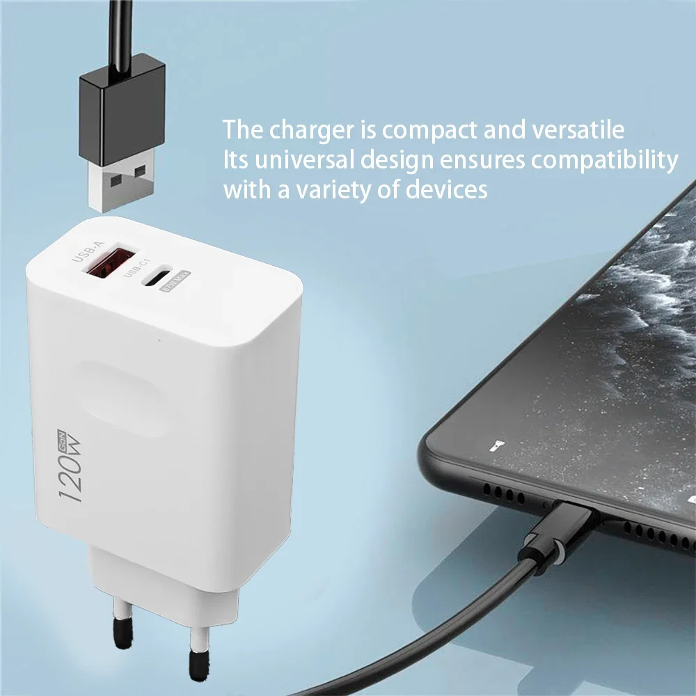 2 Ports USB A PD 120W Charger EU/US/UK Fast Charging Phone Type-C Charger QC 3.0 Adapter Head for iPhone Samsung Xiaomi Redmi