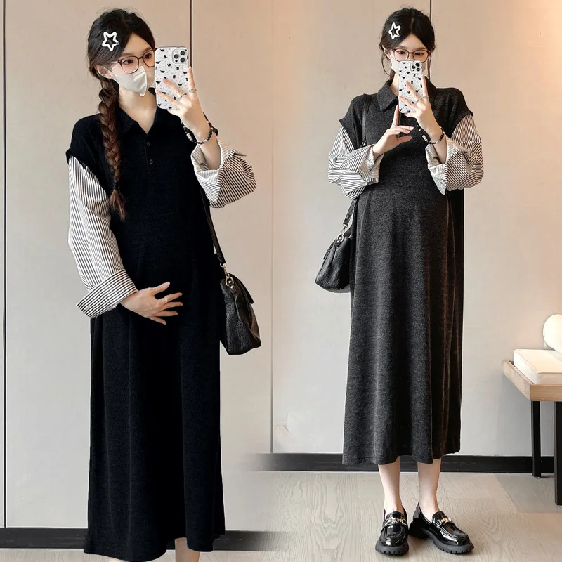 2025 جديد الخريف فستان حمل وهمية قطعتين بولو طوق مخطط كم طويل فستان محبوك الفرنسية عادية فضفاض #2