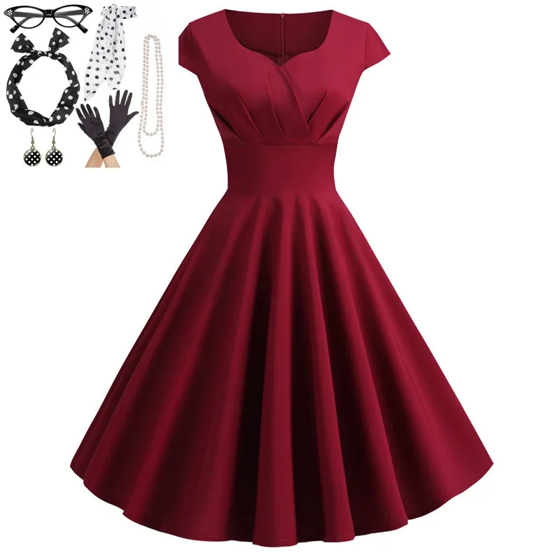 

7pc/set Hot Women Rockabilly Flare Dress Shell Desgin Swing Cocktail Dress 1960s 50s Audrey Hepburn Retro Vintage Party Dresses