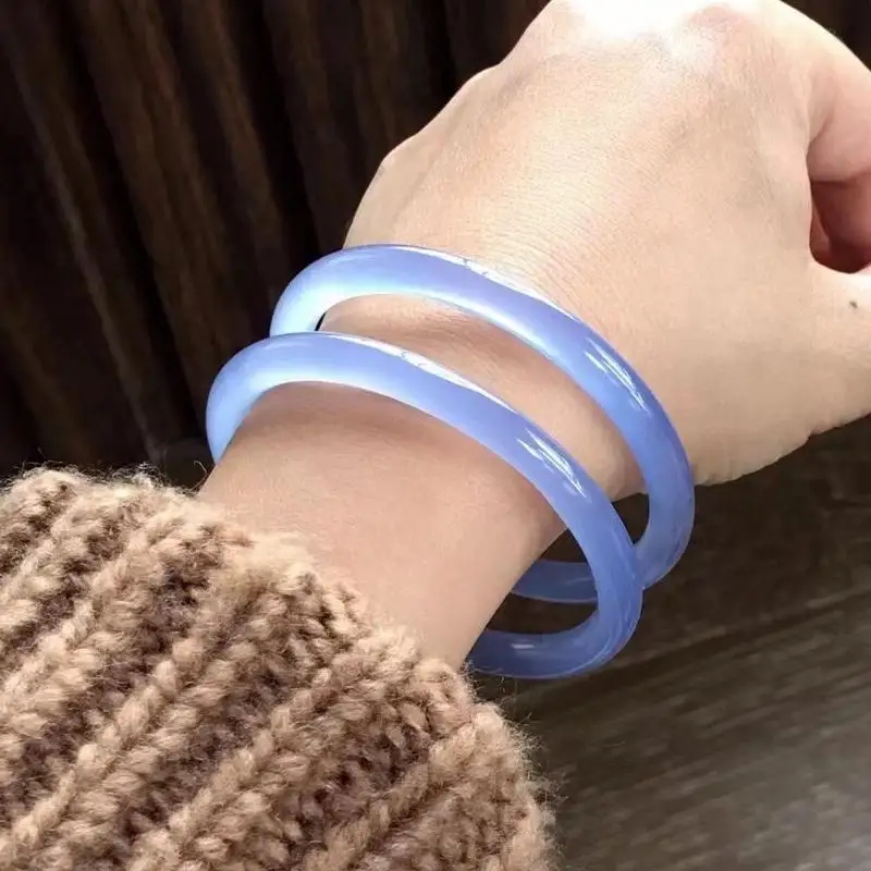 Quality Natural agate Blue Chalcedony Bracelet Exquisite Jade Bangle High Ice Round Bar Bangle Elegance Handring Fine Jewelry6mm - Image 3