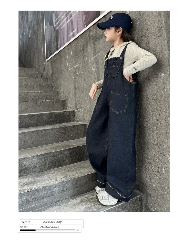 Kinder Vintage Dunkelblauer Denim-Overall für Mädchen, Modischer Jumpsuit, High-Street-Oberbekleidung, Kinder-Teenager-Latzhose mit Trägern, Größe 5-14 – Detail 10