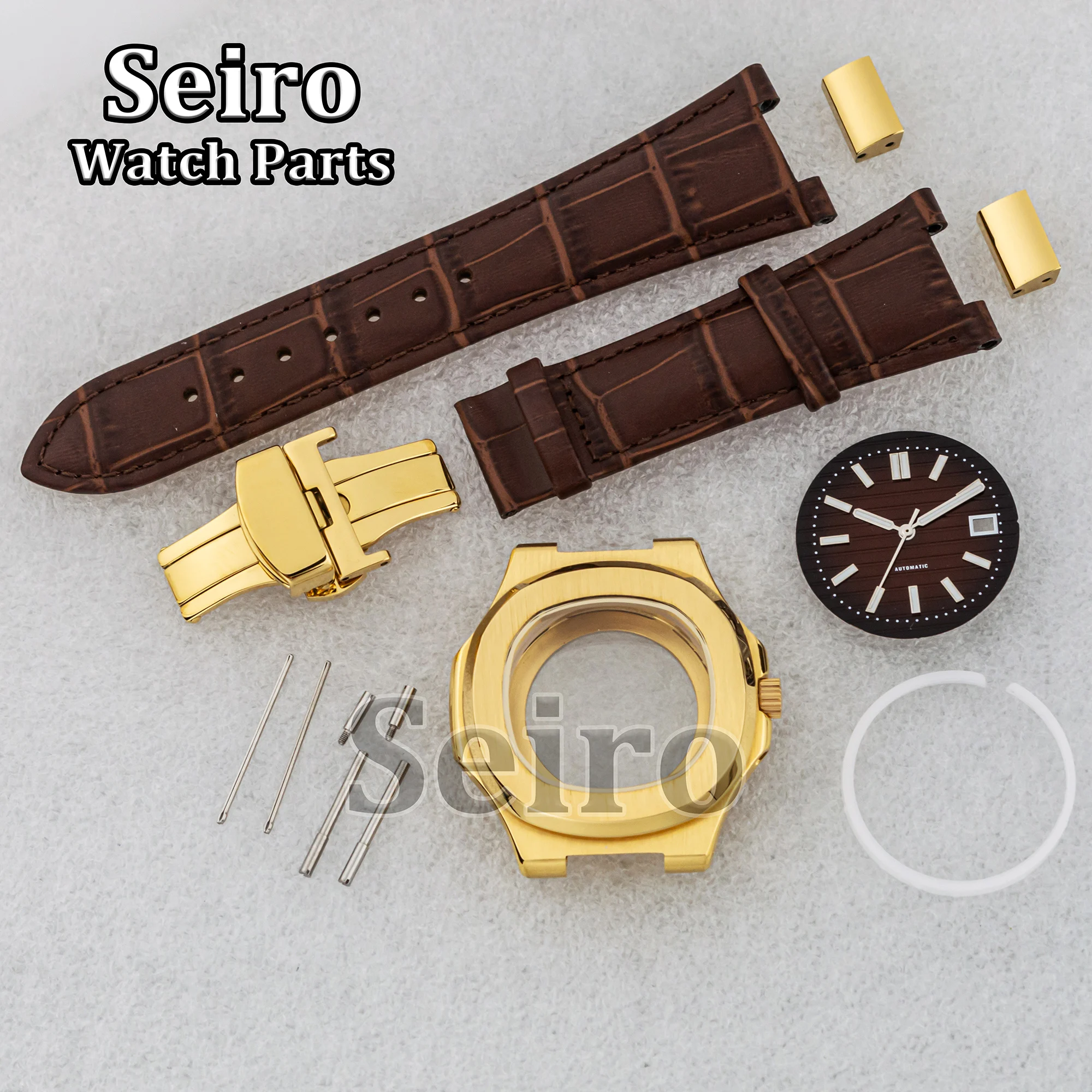 

41MM Gold PVD Men Watch Case Sapphire Crystal Genuine Leather Strap Luminous Dial Hands for MOD Nautilus NH35 NH36 NH38 Movement
