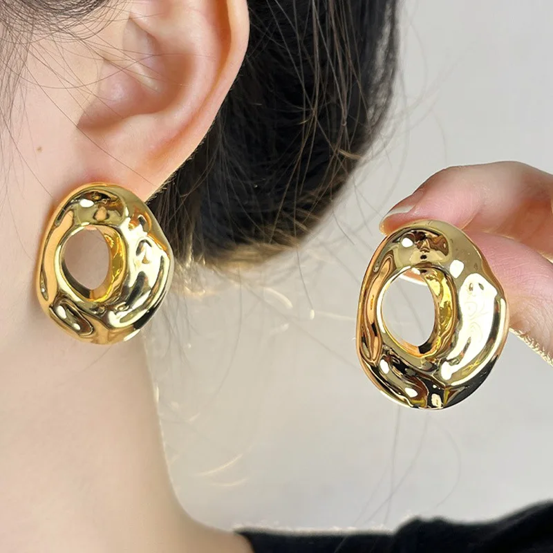 Exaggerated Metal Geometric Hollow Stud Earrings for Women Fashion Gold Color Irregular Texture Statement Earrings Jewelry Gifts