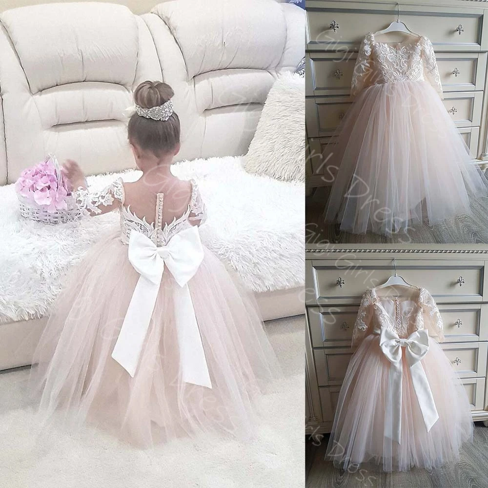 

Elegant Girls Party Dress Sheer Neck Full Sleeve Lace Tulle Flower Girl Dress with Bow Pink First Communion Party Gown Custom