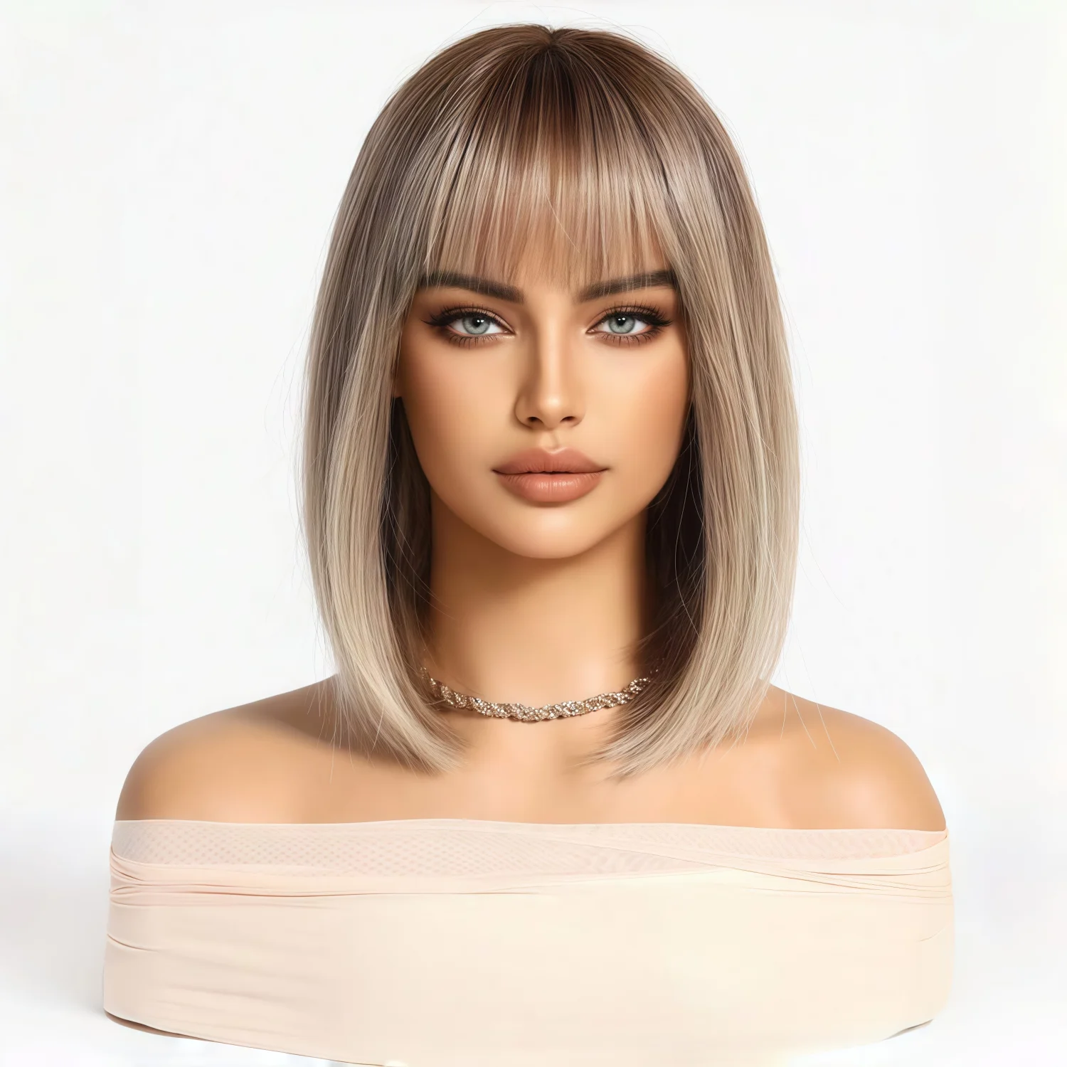 A Breathable and Comfortable 14-Inch Shoulder-Length Layered Synthetic Wig with Bangs, Featuring a Gradient Bob Cut image 6