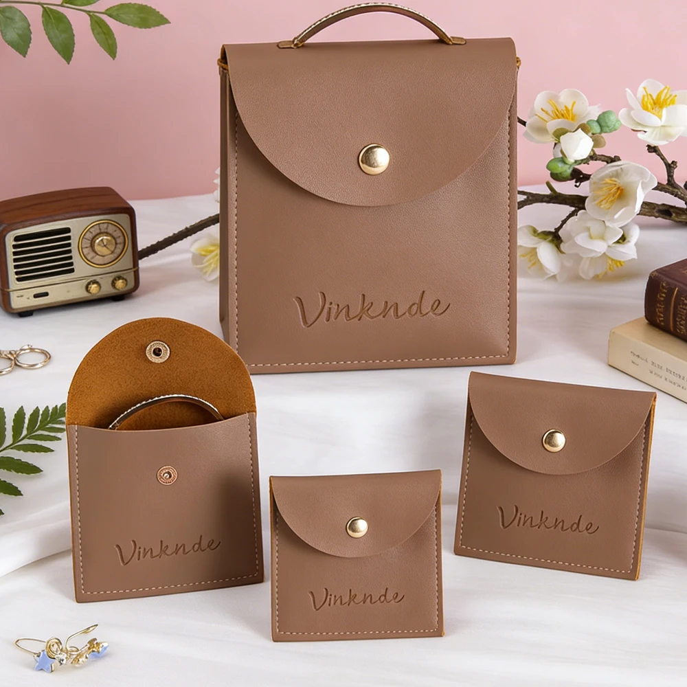 

100Pcs 8x8cm Coffee PU Bag Custom Logo Jewelry Packaging Leather Bag Gold Snap Flap Button Purse Earrings Ring Brooch Organizer