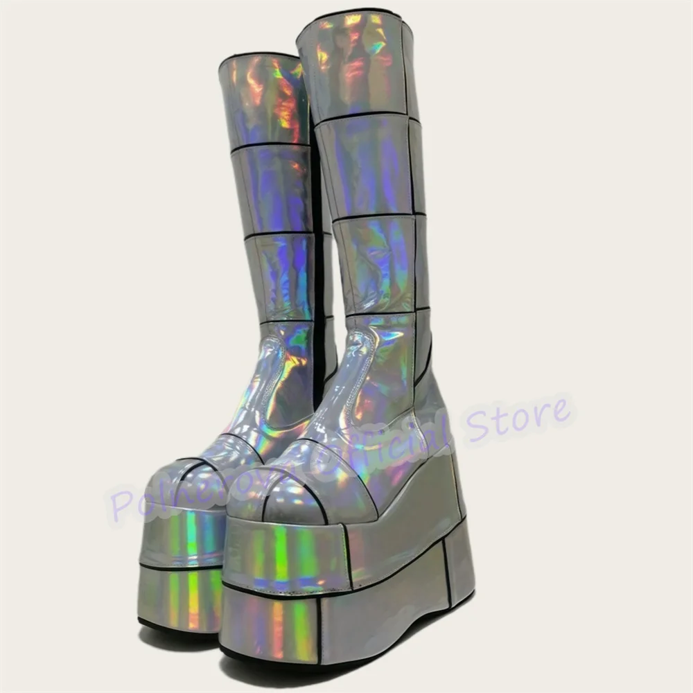 

Rainbow Leather Splicing Women Knee High Boots Punk Chunky Bottom Heigh Increasing Lolita Cosplay Shoes Y2k Lady Long Boots