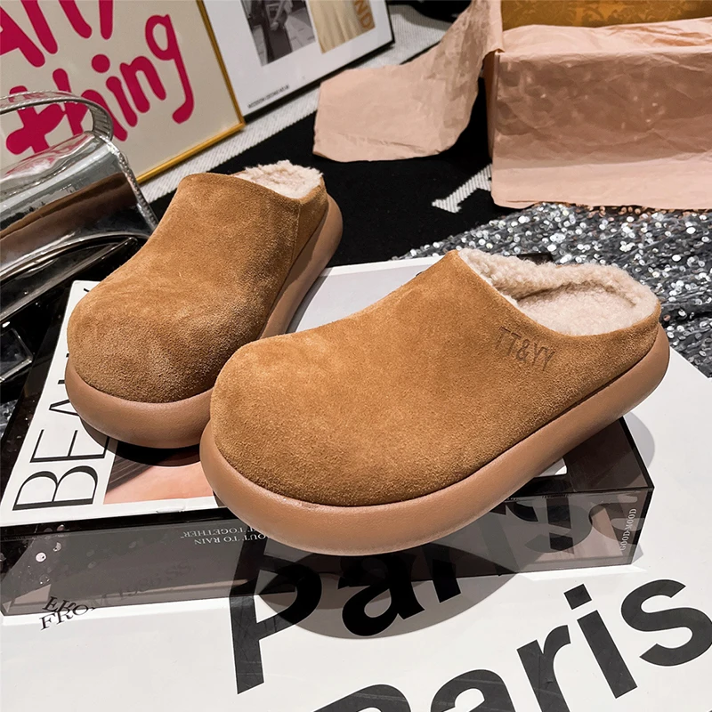 

Меховые женские тапочки на плоской подошве, туфли-лодочки, зимние сандалии, трендовые короткие плюшевые кроссовки 2025 года, повседневные шлепанцы с открытой пяткой, удобные Zapatos