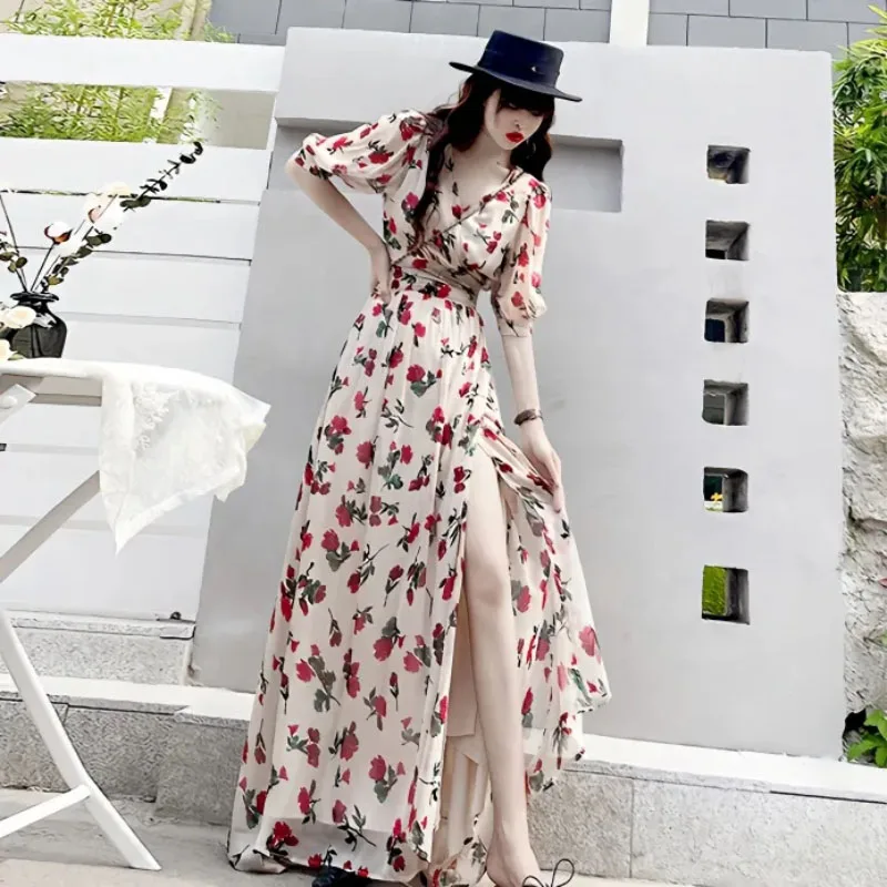 

Summer High Waist Short Sleeve Long Dresses Women's Fashion Slim Belt Chiffon Printed Dress 2024 New Summer Evening Dresses