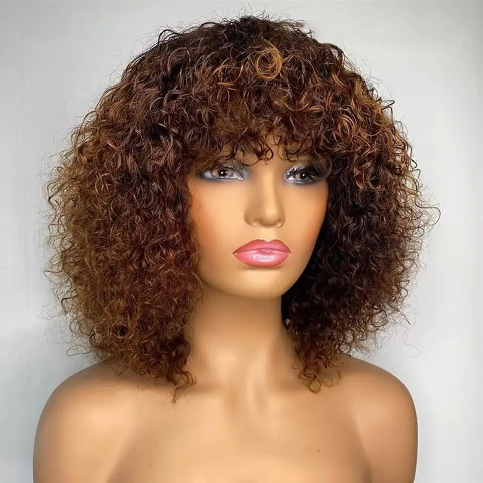 

Kinky Curly Human Hair Wigs with Bangs Full Machine Made Wigs Honey Blonde Highlight Colored Wigs for Women Peruvian Remy Hair