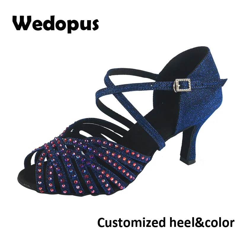 

Customized Women Party Dance Shoes Blue Shining Rhinestones Soft Bottom Latin Dancing Shoes Woman Salsa Dance Sandals Heel