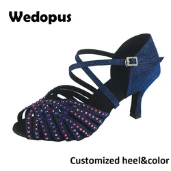 Customized Women Party Dance Shoes Blue Shining Rhinestones Soft Bottom Latin Dancing Shoes Woman Salsa Dance Sandals Heel