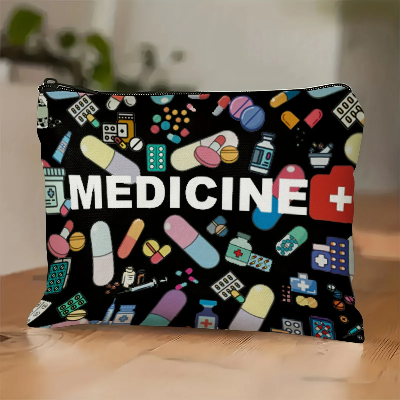 Multi-Functional Pill Organizer Bag Travel Zipper Medicine Storage with Allergy & Asthma Essentials Colorful Icons on Black Bag