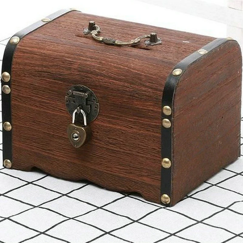 Vintage Wooden Children Bank Saving Home Furnishings Flip With Lock Treasure Box Desktop Antique Style Jewelry Box Gift