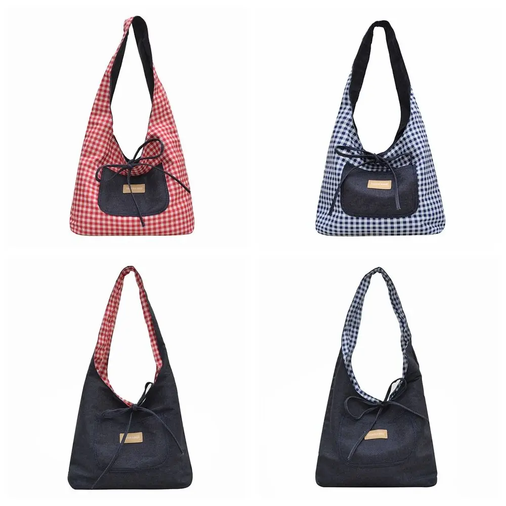 

Lattice Double Sided Plaid Denim Vest Bag Japanese Style Cloth Denim Shoulder Bag Commuting Leisure Canvas Tote Bag Women