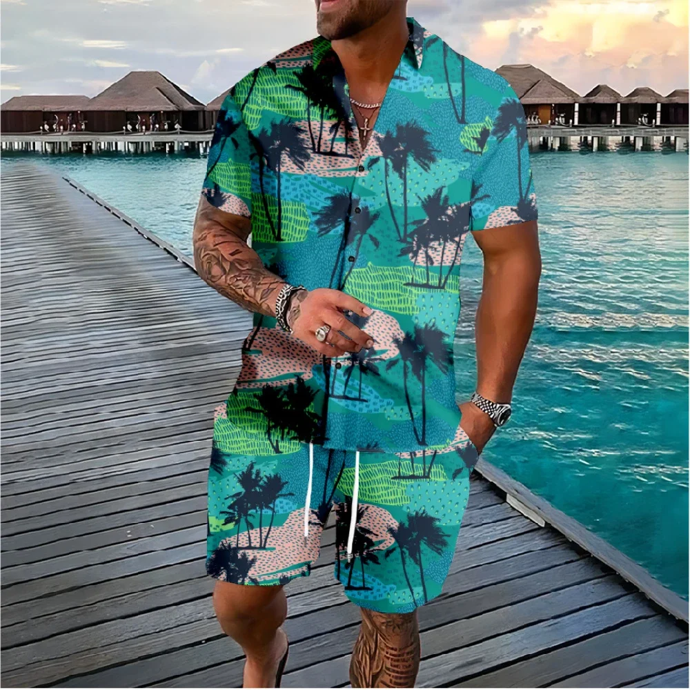 Conjunto de 2 uds de camisa de manga corta con estampado 3d de árbol de coco y flamenco hawaiano, ropa de playa informal para vacaciones, trajes de 2 piezas, ropa para hombre