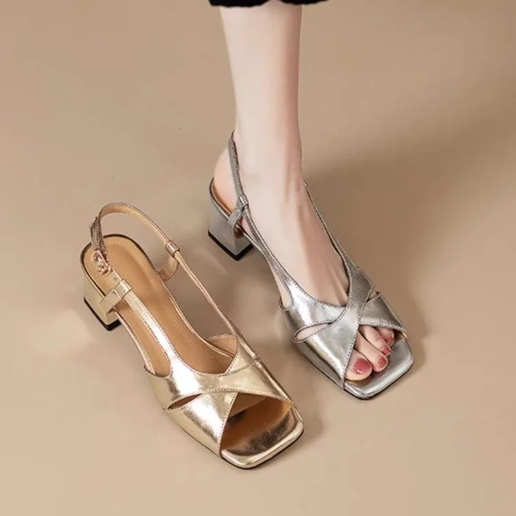 

2024 New French Temperament Silver Open-toed High Heels Women's Summer Fashion Elegant Square Head Roman Thick Heel Sandals