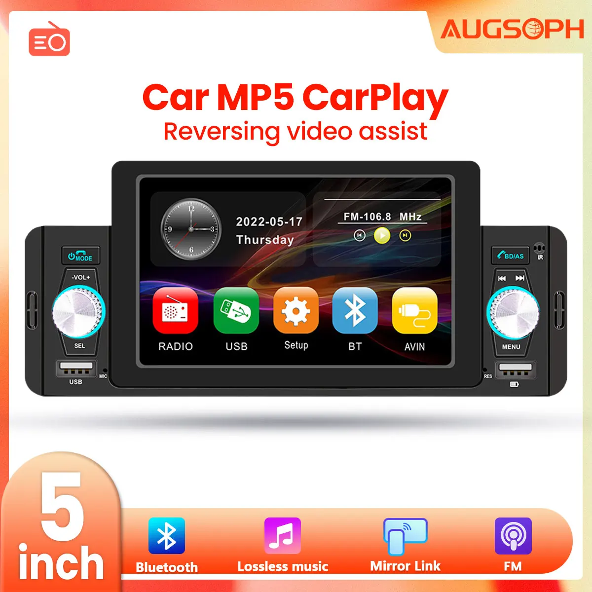 

1Din Car Radio Multimedia MP5 Player,5 inch Universal Navigation with Android Auto & Bluetooth, HD Screen USB TF FM Stereo