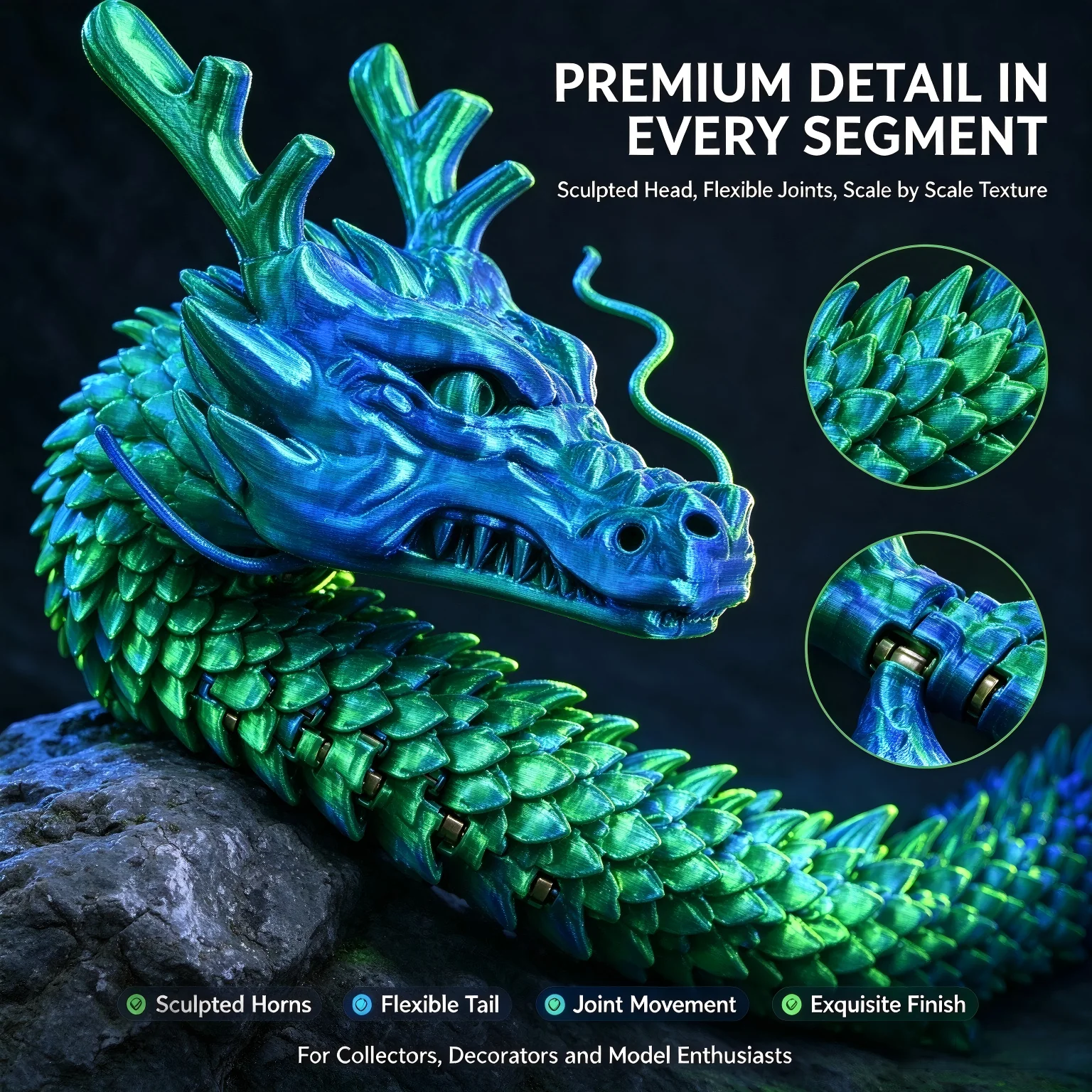 3D Printed Dragon 60cm Articulated Fidget Toy, Stress Relief Desk Decor Office Gift, Movable Joints Poseable Dragon Figurine Home Decor