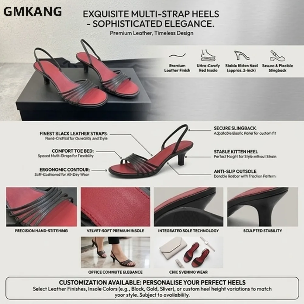 2026 Women Genuine Leather Slingback Sandals Med Heels Black Multi Thin Strap Party Dress Shoes Comfortable Walking