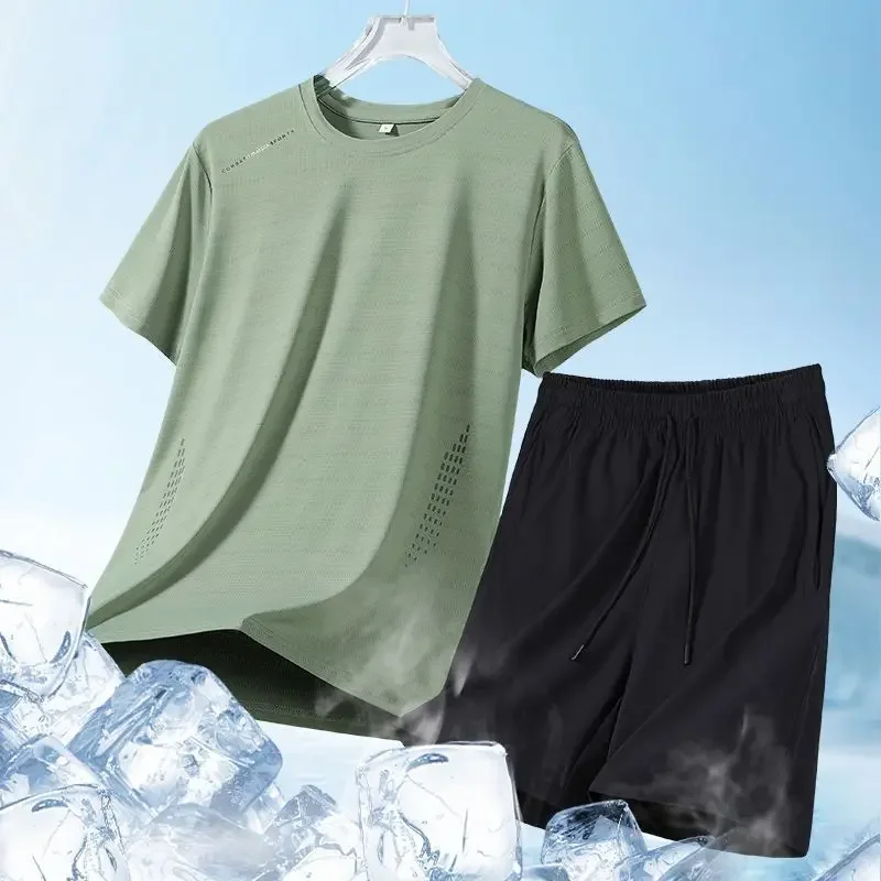 

Мужской легкий быстросохнущий комплект спортивной одежды из 2 предметов, дышащий тренировочный костюм для бега в тренажерном зале и повседневной одежды