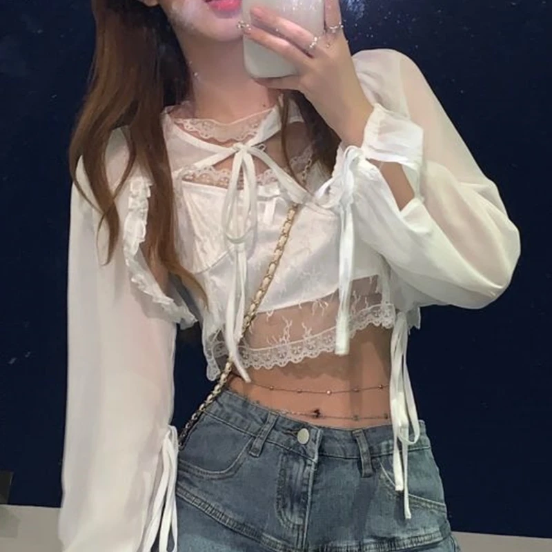 Lolita Elegant Lace Crop Tops Summer Women 2022 New Sling Vest Thin Chiffon Coats Japanese Fashion Camisole Lady Streetwear